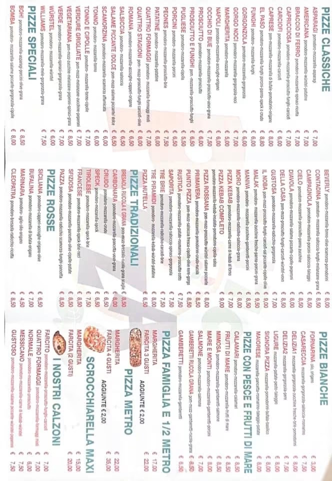 Menu PUNTO PIZZA stampato
